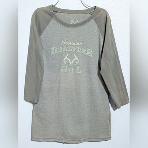 Realtree Girl Graphic Raglan 3/4 Sleeve Tee Shirt Womens M Heathered Green/Gray